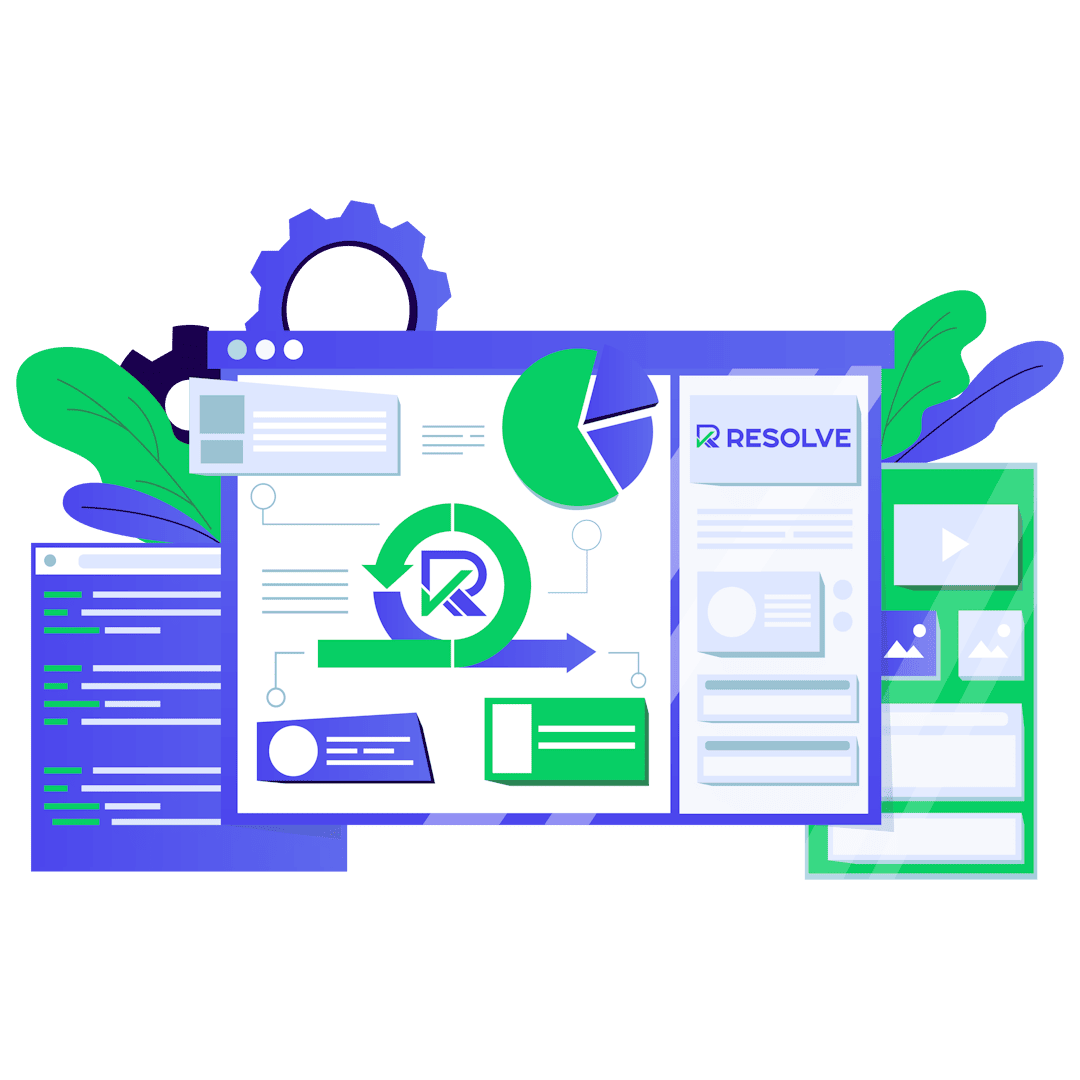 An illustration of a digital dashboard with charts, graphs, and interface elements. The centerpiece features a circular diagram with an arrow, surrounded by green and blue accents, gears, and leaves, with the word 'Resolve' visible.