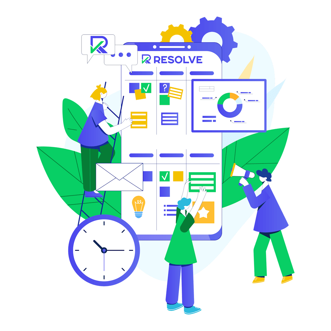 Illustration of people interacting with a large mobile phone displaying workflow charts and diagrams, with green leaves and a clock around it. The word 'Resolve' is at the top.