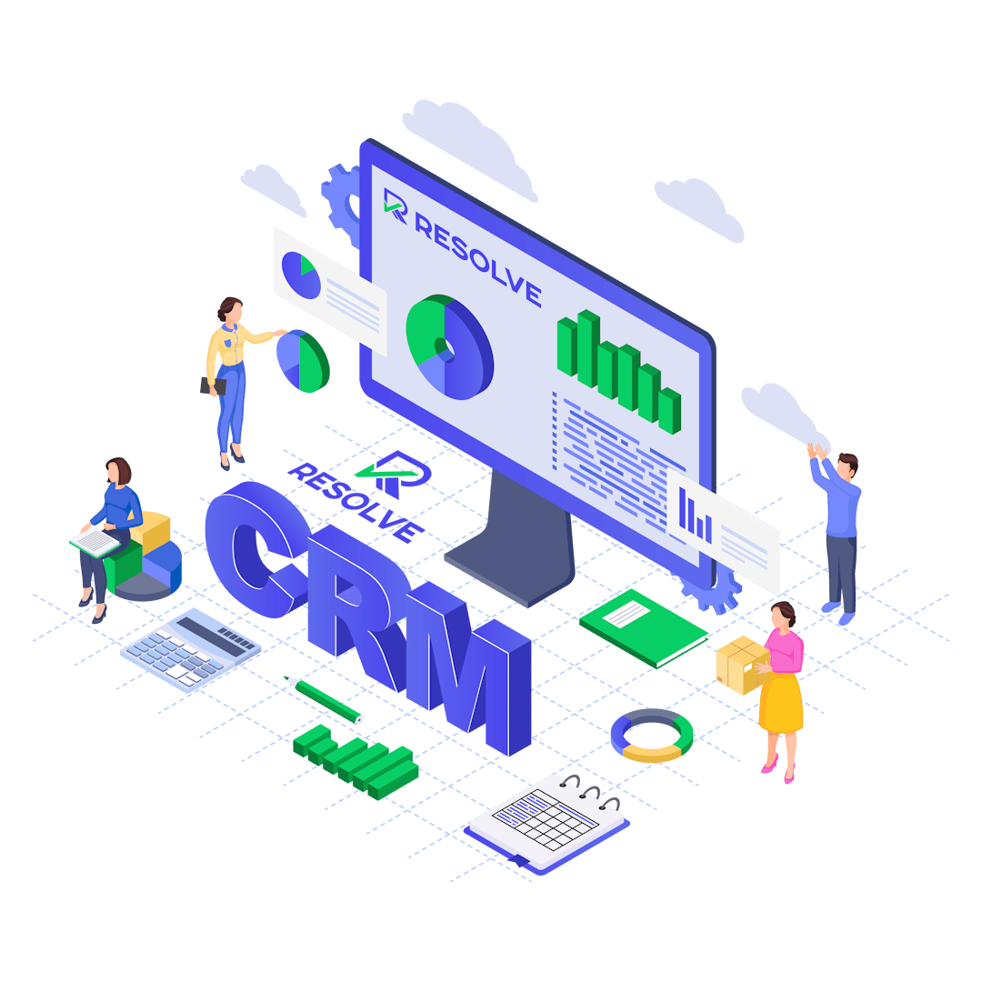 An illustration of a CRM concept featuring four people interacting with charts and graphs on a large screen labeled 'Resolve.' The scene includes 3D letters spelling 'CRM,' gears, computers, graphs, and cloud icons on a grid pattern.