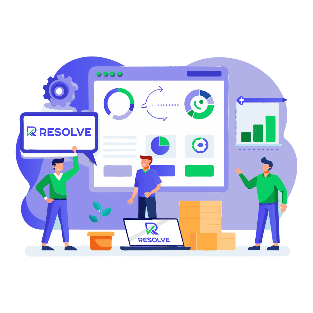 Illustration of a small business team collaborating on customer engagement and sales management, featuring three people analyzing data with charts and graphs on a CRM-themed dashboard labeled 'Resolve.' A laptop, stacked boxes, and icons like a pie chart and target are nearby.