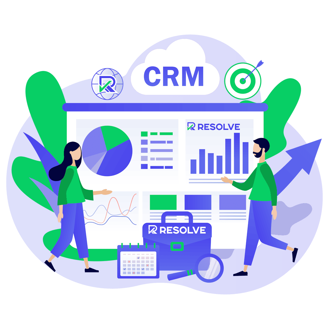 Illustration of a small business team collaborating on customer engagement and sales management, featuring two people near a CRM-themed dashboard labeled 'Resolve,' surrounded by icons like a pie chart and target.