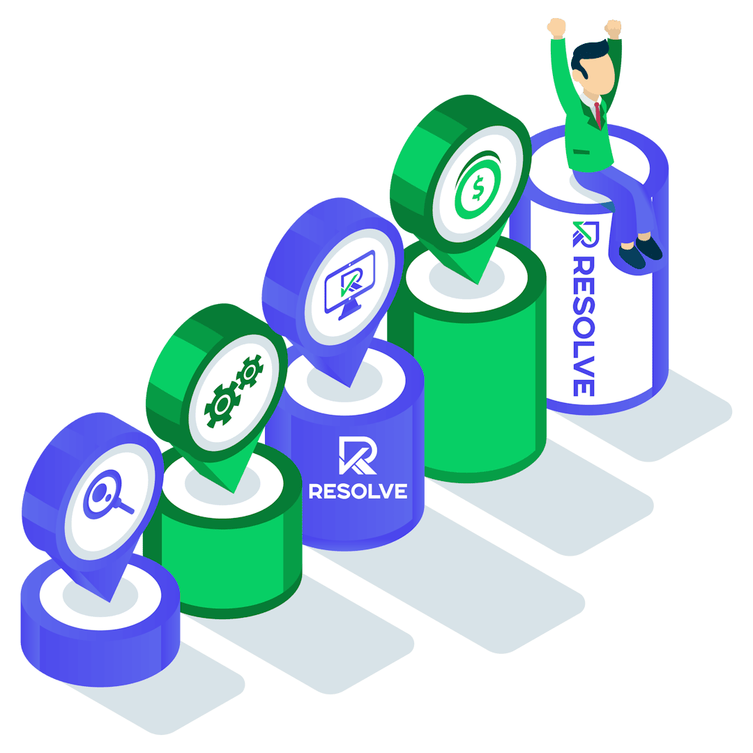 Illustration showing a sequence of columns with icons: a magnifying glass, gears, a target with an arrow, and a dollar sign. A person sits triumphantly on the last column labeled 'Resolve'