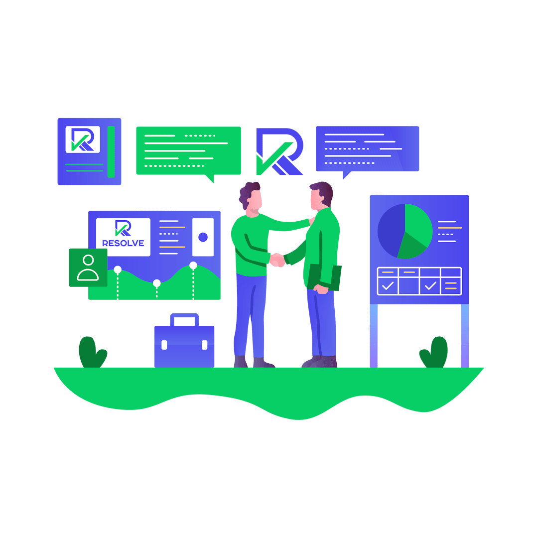 Illustration of two people shaking hands in a business setting with charts, graphs, and a briefcase. Speech bubbles and digital communication elements are visible, emphasizing collaboration and teamwork.